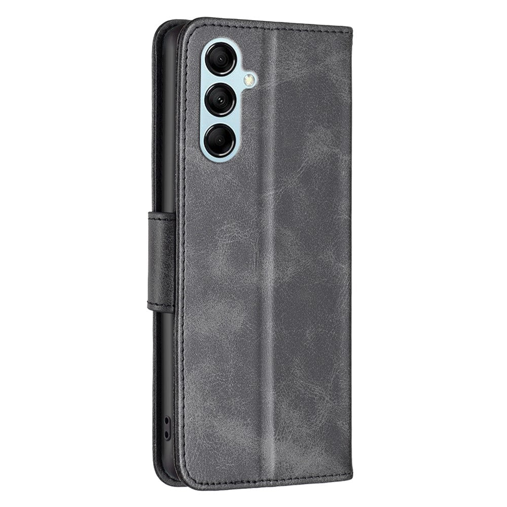 For Samsung Galaxy M14 5G Solid Color Textured PU Leather Wallet Stand Shell Phone Protector Case with Strap - Black
