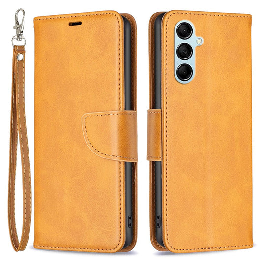 For Samsung Galaxy M14 5G Solid Color Textured PU Leather Wallet Stand Shell Phone Protector Case with Strap - Yellow