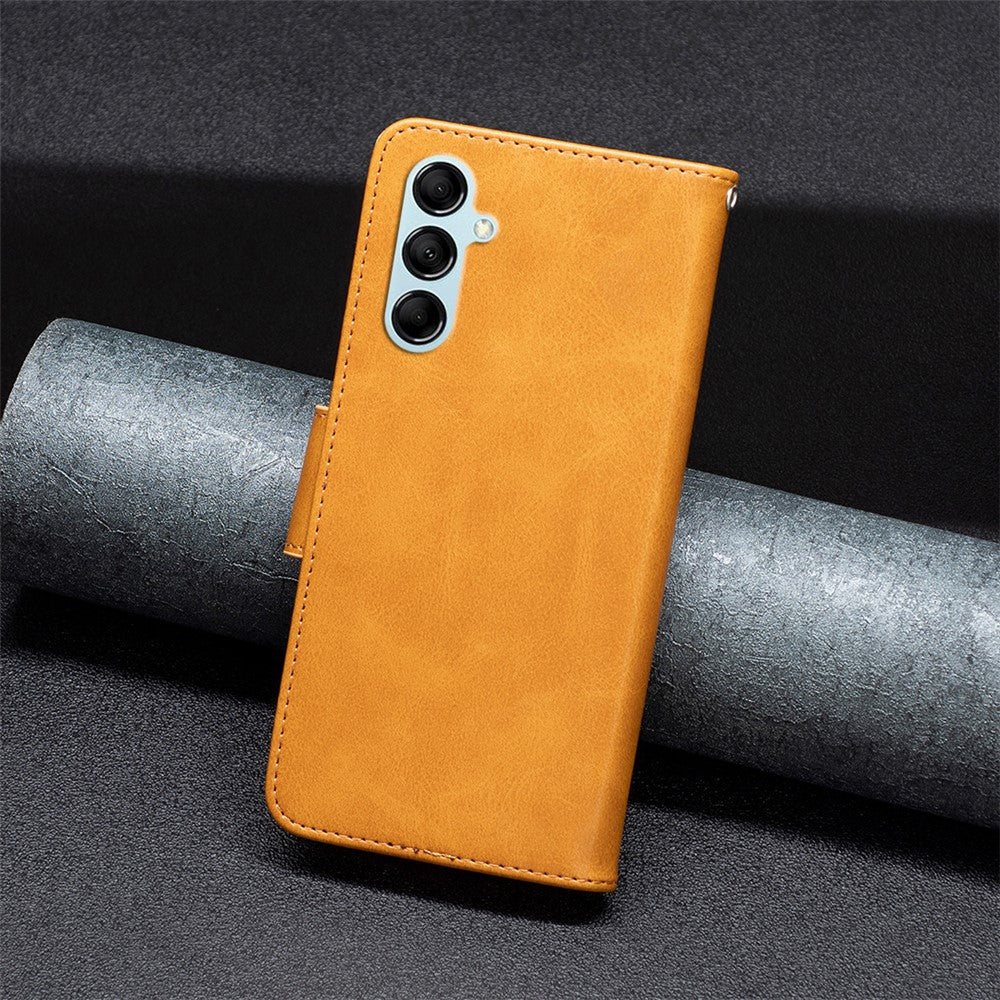 For Samsung Galaxy M14 5G Solid Color Textured PU Leather Wallet Stand Shell Phone Protector Case with Strap - Yellow