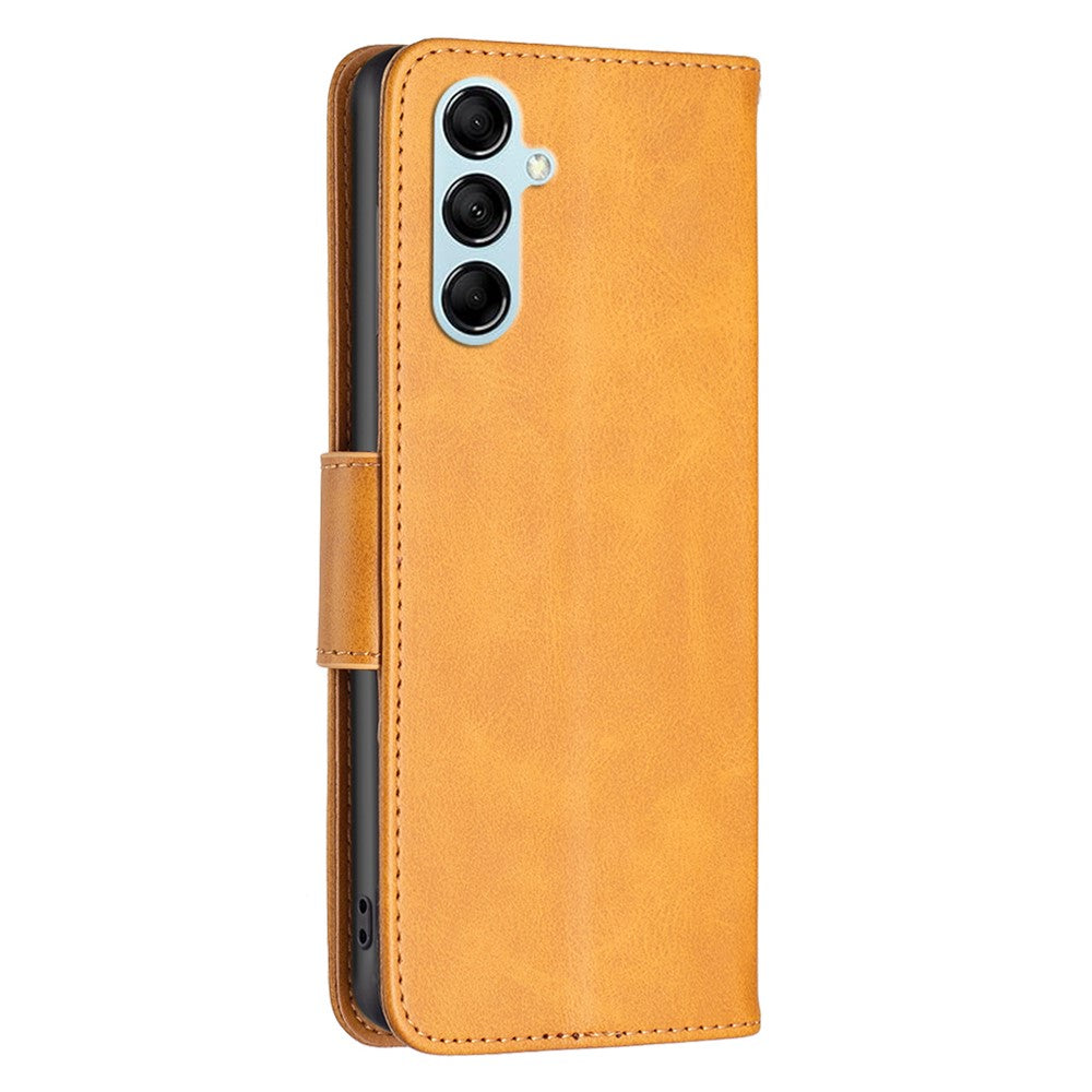 For Samsung Galaxy M14 5G Solid Color Textured PU Leather Wallet Stand Shell Phone Protector Case with Strap - Yellow