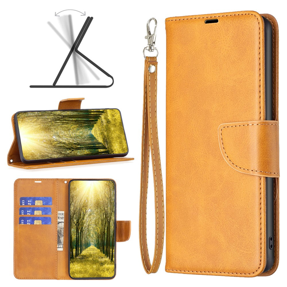 For Samsung Galaxy M14 5G Solid Color Textured PU Leather Wallet Stand Shell Phone Protector Case with Strap - Yellow