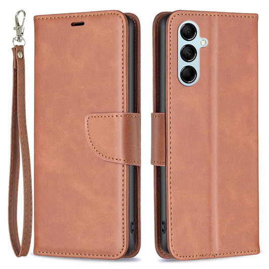 For Samsung Galaxy M14 5G Solid Color Textured PU Leather Wallet Stand Shell Phone Protector Case with Strap - Brown