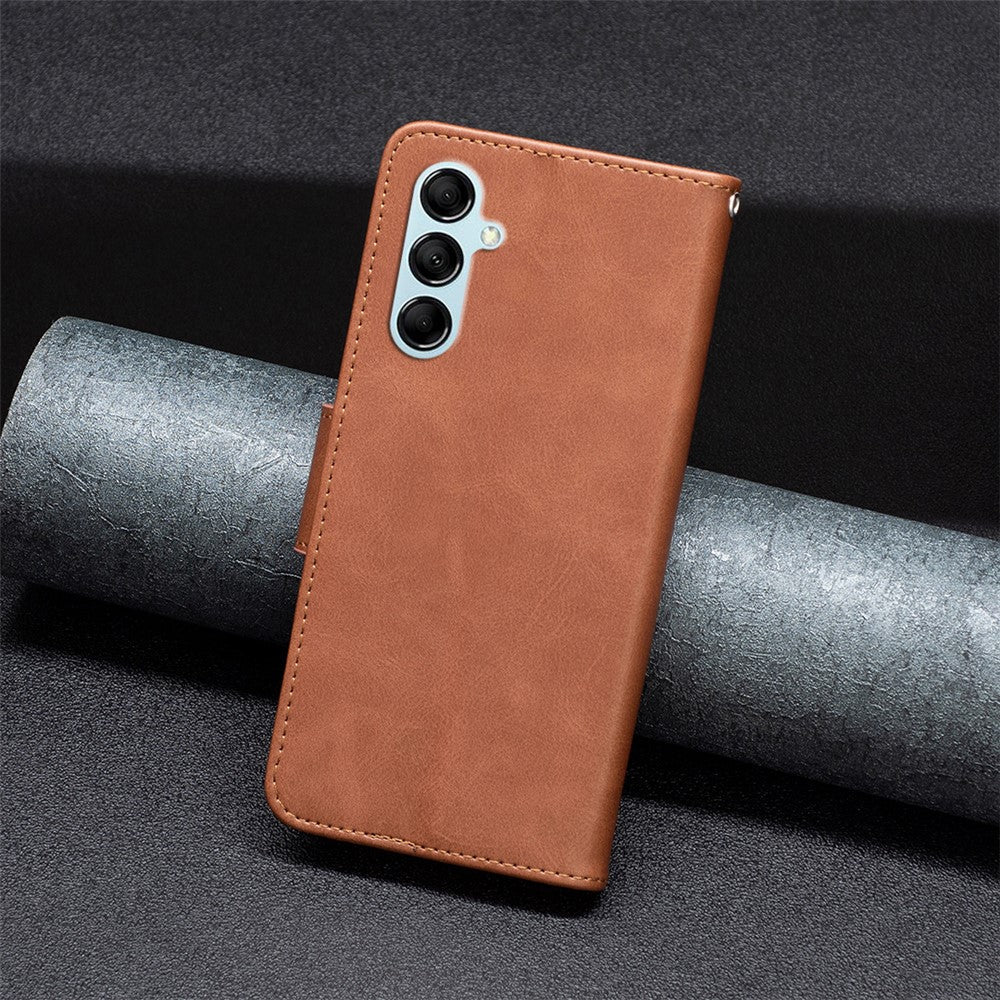 For Samsung Galaxy M14 5G Solid Color Textured PU Leather Wallet Stand Shell Phone Protector Case with Strap - Brown