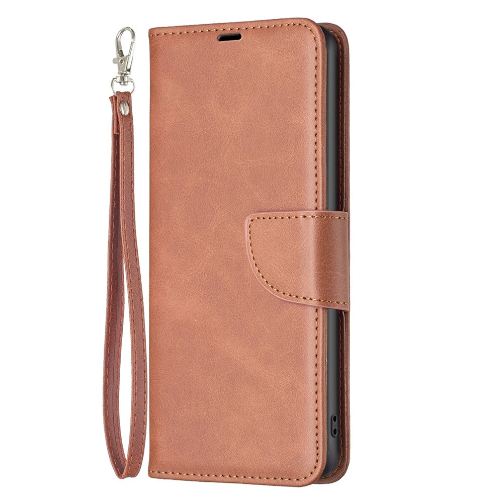For Samsung Galaxy M14 5G Solid Color Textured PU Leather Wallet Stand Shell Phone Protector Case with Strap - Brown