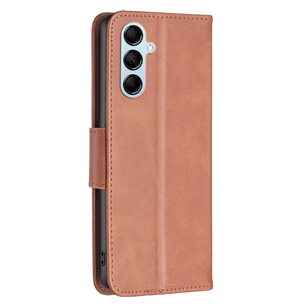 For Samsung Galaxy M14 5G Solid Color Textured PU Leather Wallet Stand Shell Phone Protector Case with Strap - Brown