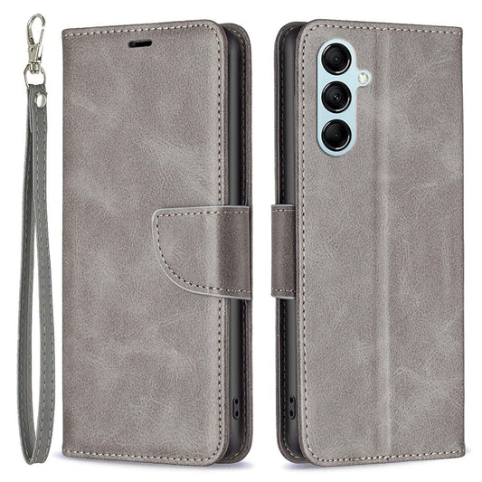 For Samsung Galaxy M14 5G Solid Color Textured PU Leather Wallet Stand Shell Phone Protector Case with Strap - Grey