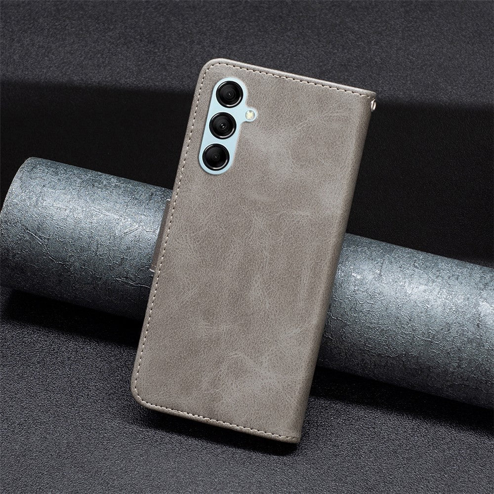 For Samsung Galaxy M14 5G Solid Color Textured PU Leather Wallet Stand Shell Phone Protector Case with Strap - Grey