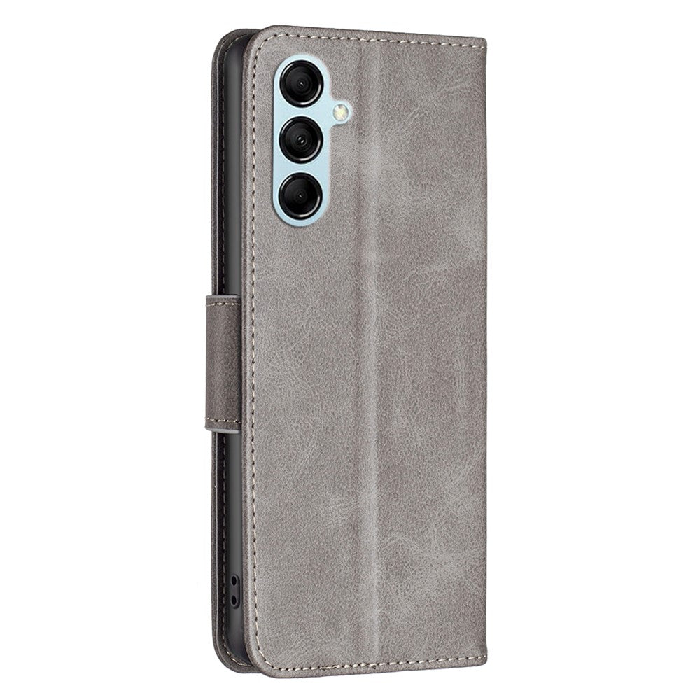 For Samsung Galaxy M14 5G Solid Color Textured PU Leather Wallet Stand Shell Phone Protector Case with Strap - Grey