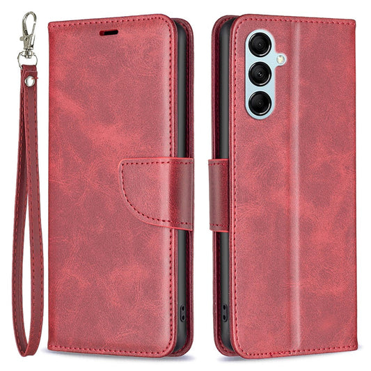 For Samsung Galaxy M14 5G Solid Color Textured PU Leather Wallet Stand Shell Phone Protector Case with Strap - Red