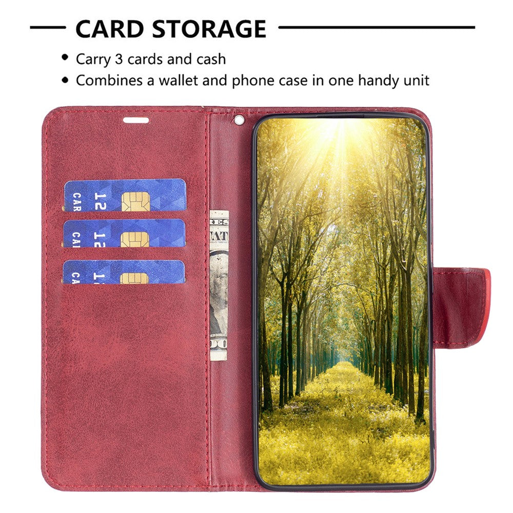 For Samsung Galaxy M14 5G Solid Color Textured PU Leather Wallet Stand Shell Phone Protector Case with Strap - Red