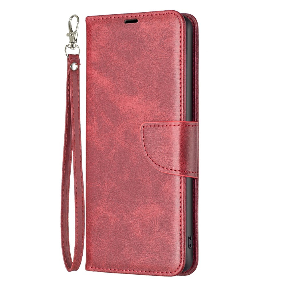 For Samsung Galaxy M14 5G Solid Color Textured PU Leather Wallet Stand Shell Phone Protector Case with Strap - Red