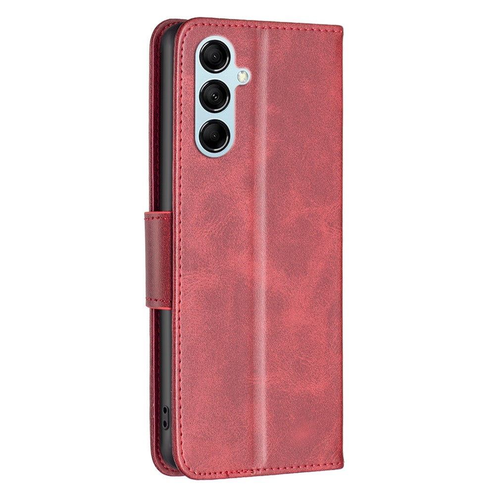 For Samsung Galaxy M14 5G Solid Color Textured PU Leather Wallet Stand Shell Phone Protector Case with Strap - Red