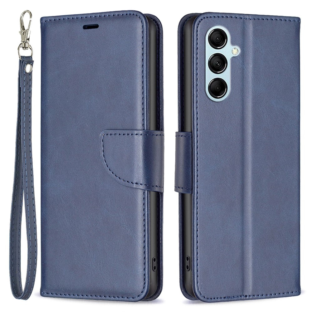For Samsung Galaxy M14 5G Solid Color Textured PU Leather Wallet Stand Shell Phone Protector Case with Strap - Blue