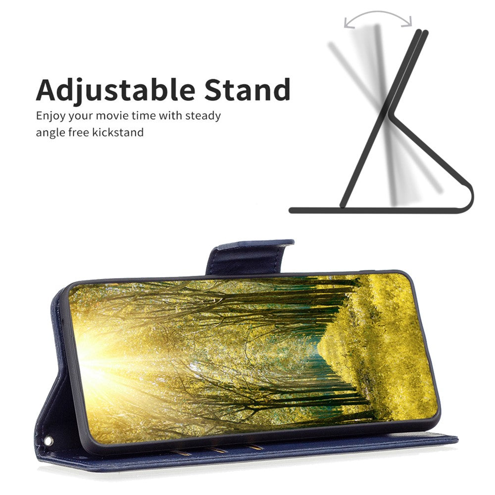 For Samsung Galaxy M14 5G Solid Color Textured PU Leather Wallet Stand Shell Phone Protector Case with Strap - Blue