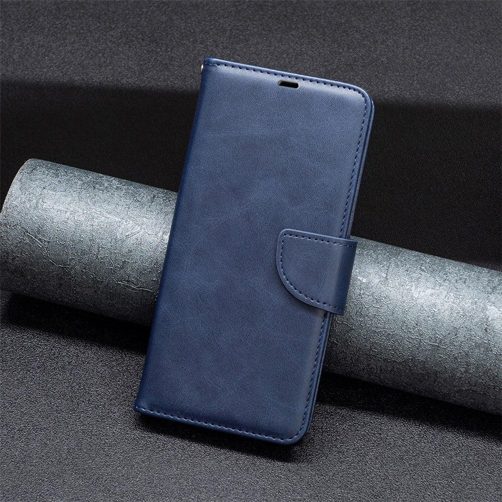 For Samsung Galaxy M14 5G Solid Color Textured PU Leather Wallet Stand Shell Phone Protector Case with Strap - Blue