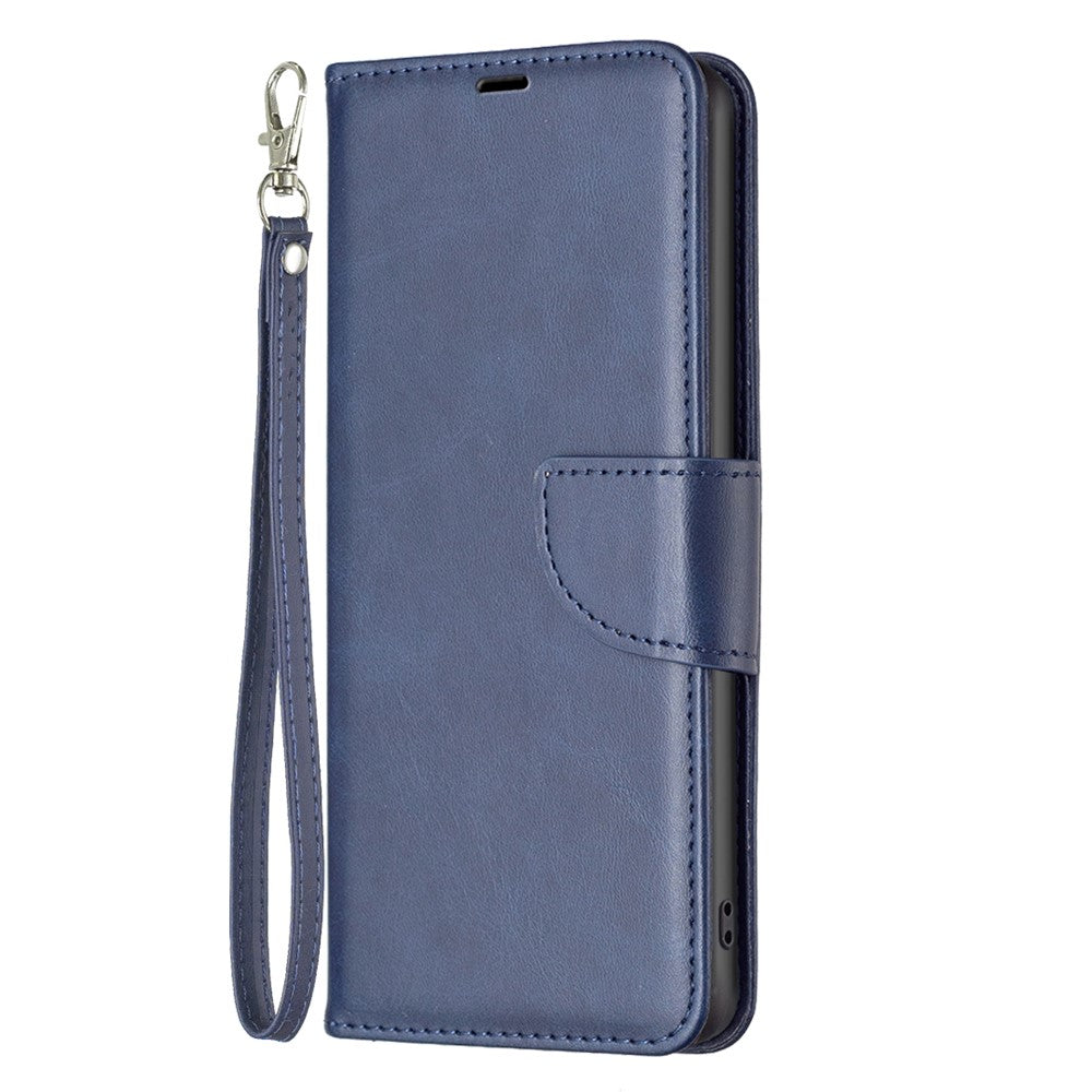 For Samsung Galaxy M14 5G Solid Color Textured PU Leather Wallet Stand Shell Phone Protector Case with Strap - Blue