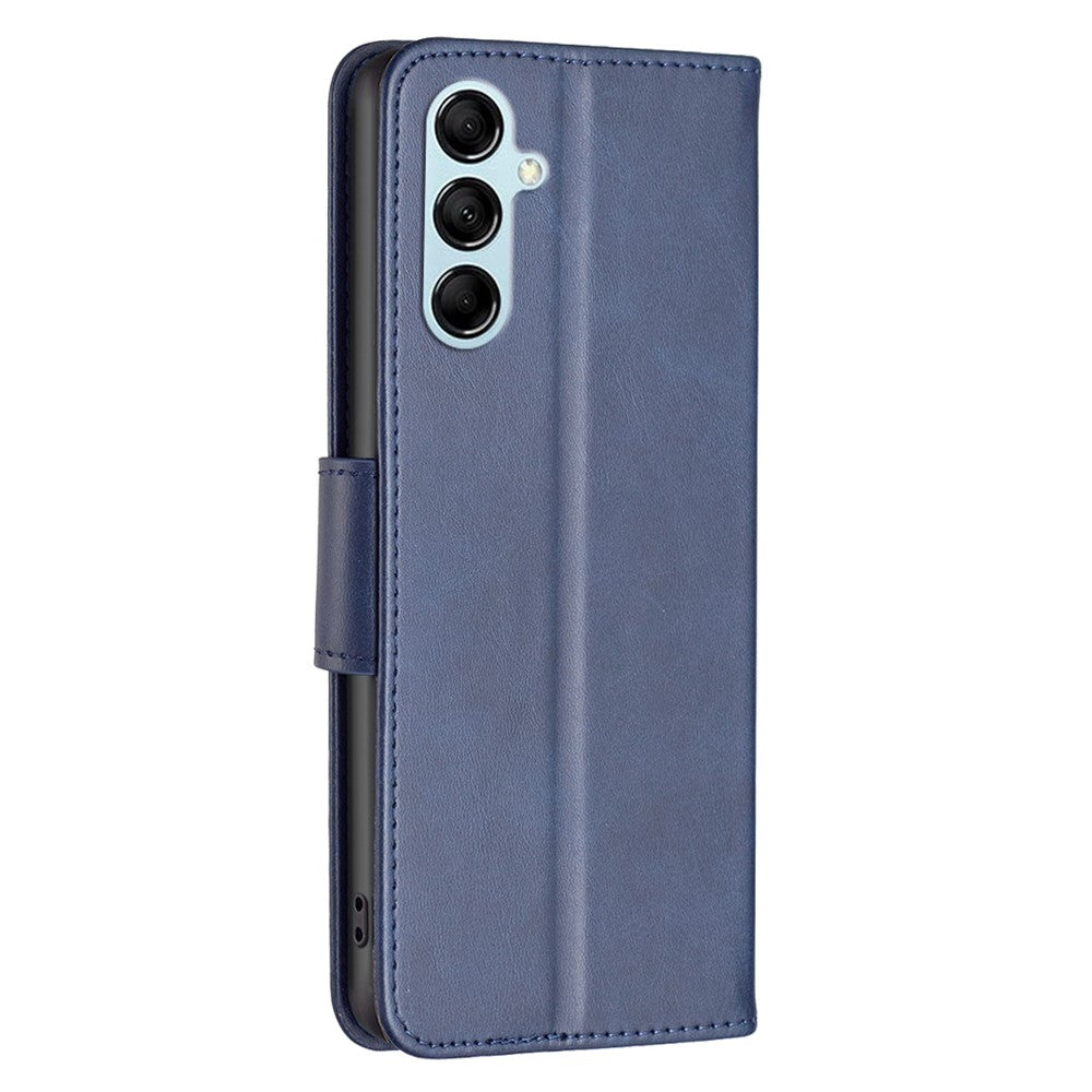 For Samsung Galaxy M14 5G Solid Color Textured PU Leather Wallet Stand Shell Phone Protector Case with Strap - Blue