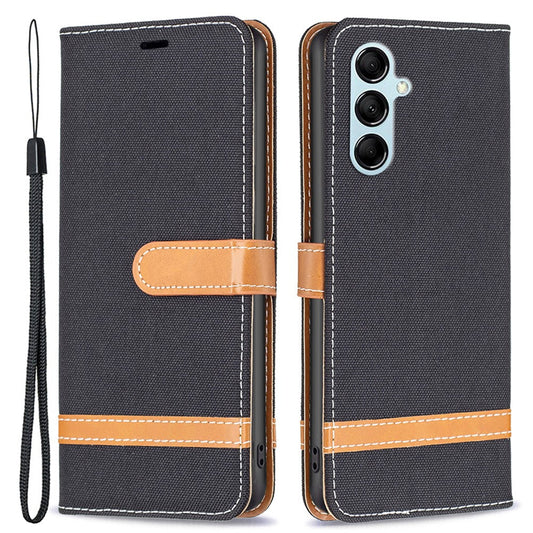 For Samsung Galaxy M14 5G PU Leather Phone Cover Jeans Cloth Splicing Phone Case with Stand Wallet - Black