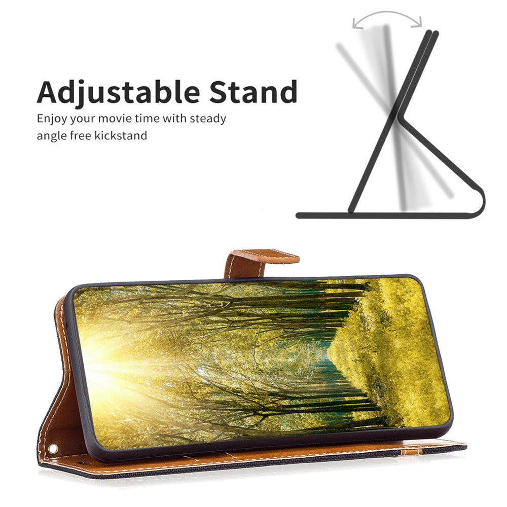 For Samsung Galaxy M14 5G PU Leather Phone Cover Jeans Cloth Splicing Phone Case with Stand Wallet - Black