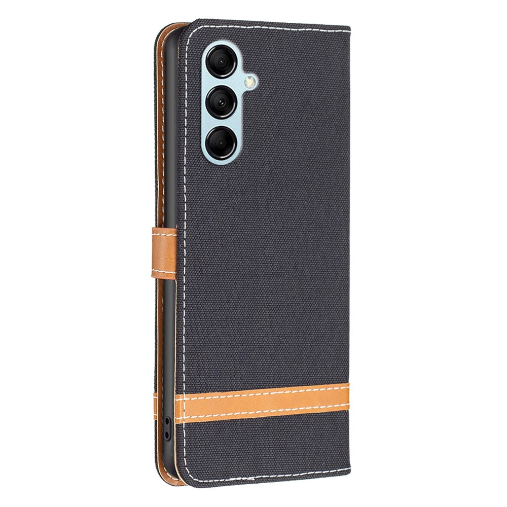 For Samsung Galaxy M14 5G PU Leather Phone Cover Jeans Cloth Splicing Phone Case with Stand Wallet - Black