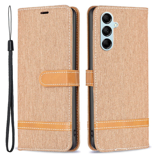 For Samsung Galaxy M14 5G PU Leather Phone Cover Jeans Cloth Splicing Phone Case with Stand Wallet - Brown