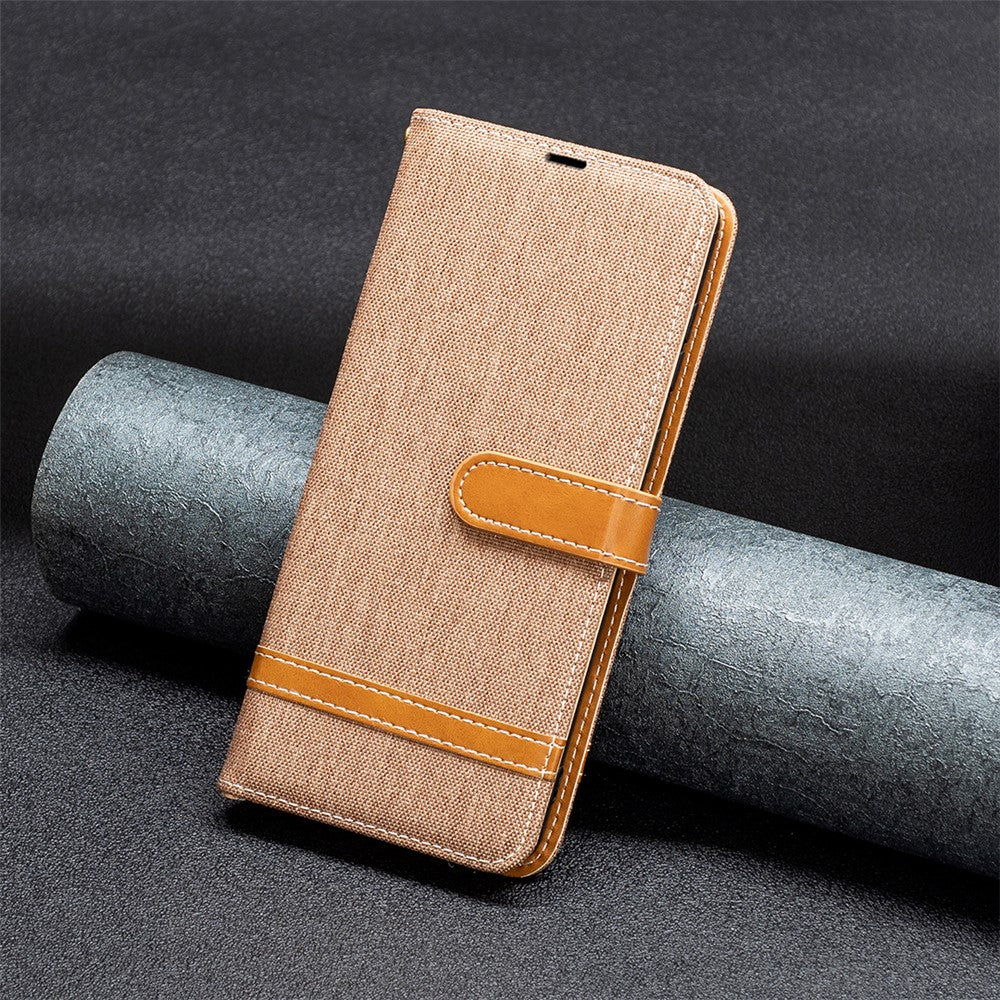 For Samsung Galaxy M14 5G PU Leather Phone Cover Jeans Cloth Splicing Phone Case with Stand Wallet - Brown
