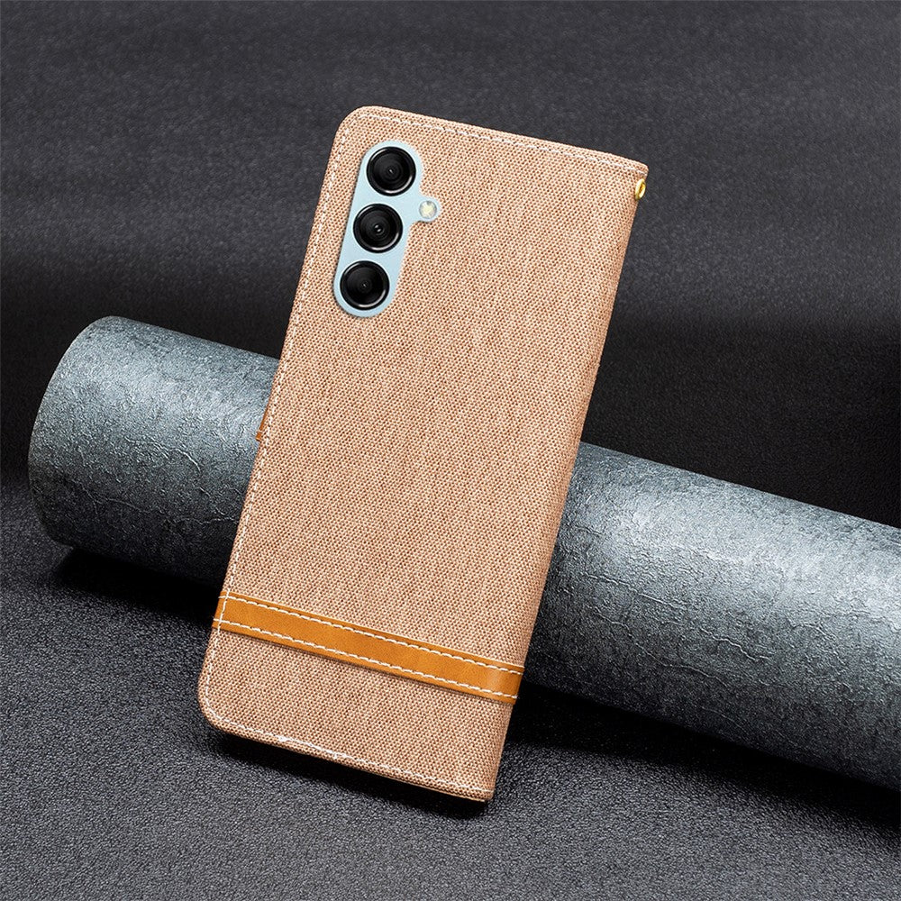 For Samsung Galaxy M14 5G PU Leather Phone Cover Jeans Cloth Splicing Phone Case with Stand Wallet - Brown