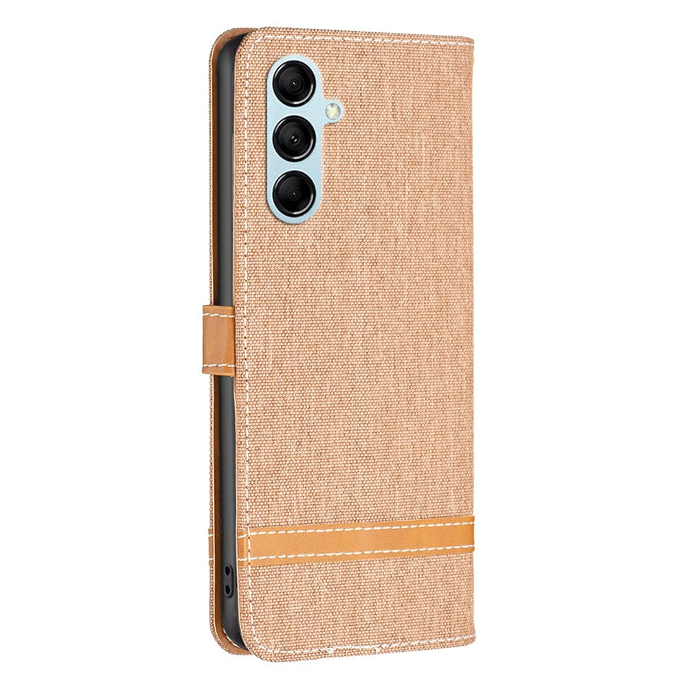 For Samsung Galaxy M14 5G PU Leather Phone Cover Jeans Cloth Splicing Phone Case with Stand Wallet - Brown