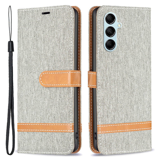 For Samsung Galaxy M14 5G PU Leather Phone Cover Jeans Cloth Splicing Phone Case with Stand Wallet - Grey