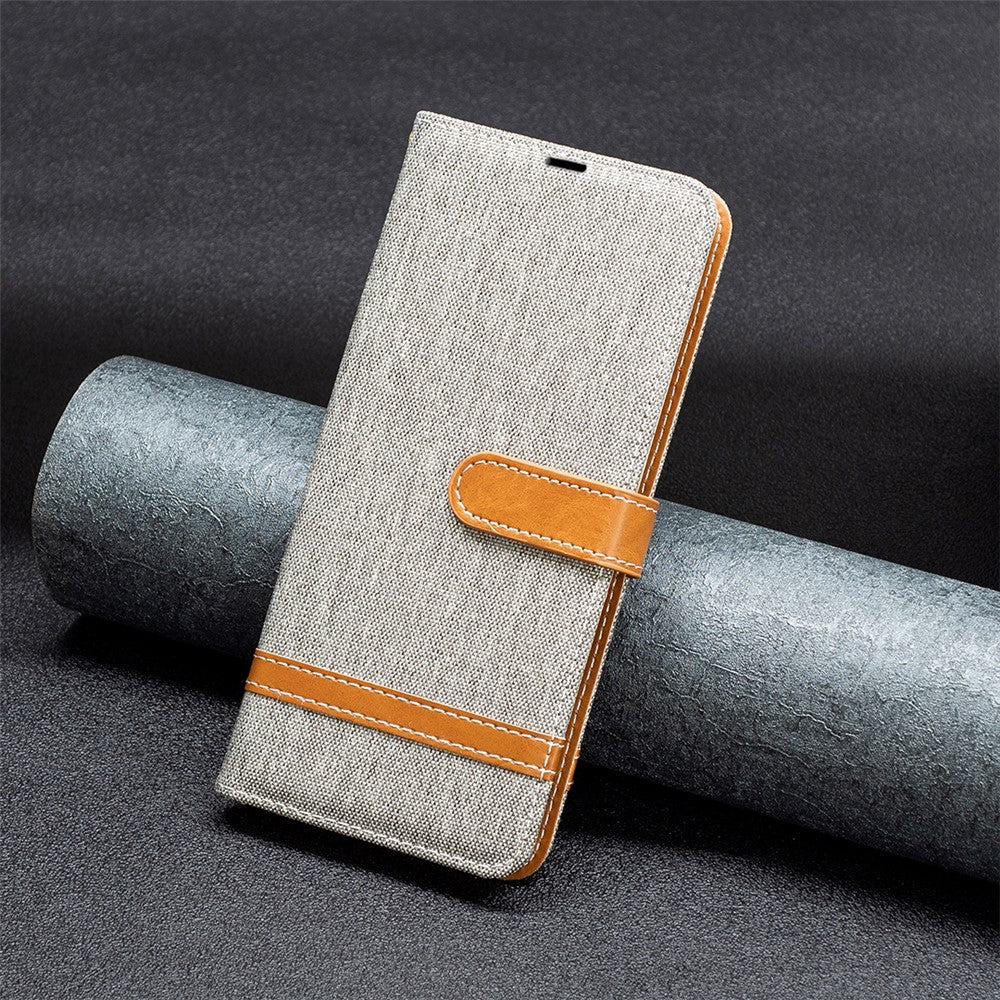 For Samsung Galaxy M14 5G PU Leather Phone Cover Jeans Cloth Splicing Phone Case with Stand Wallet - Grey