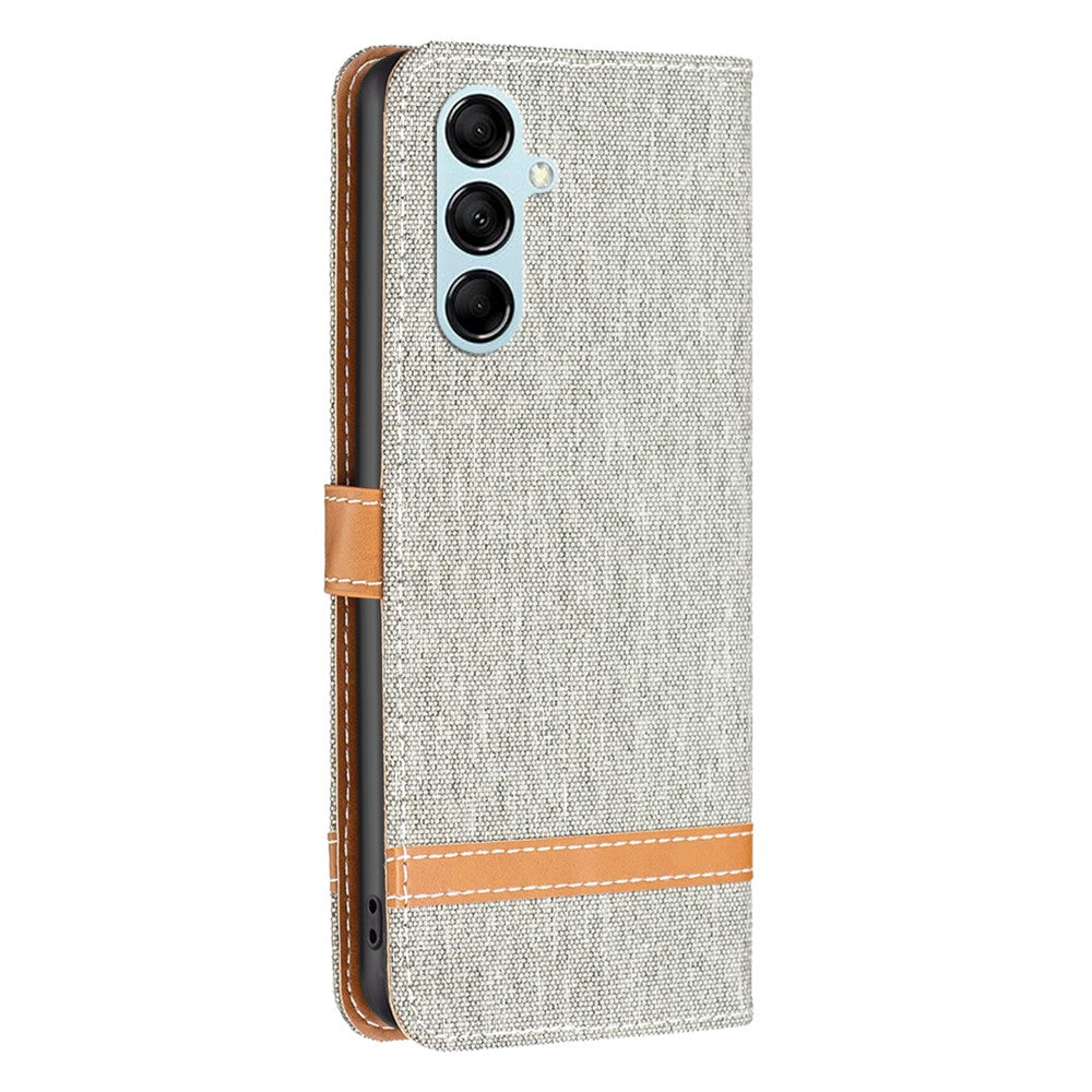 For Samsung Galaxy M14 5G PU Leather Phone Cover Jeans Cloth Splicing Phone Case with Stand Wallet - Grey