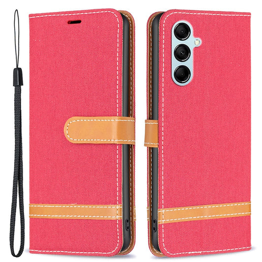 For Samsung Galaxy M14 5G PU Leather Phone Cover Jeans Cloth Splicing Phone Case with Stand Wallet - Red