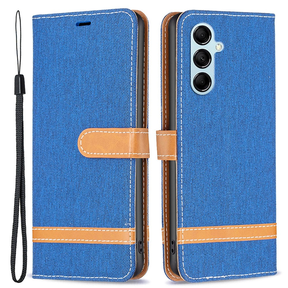 For Samsung Galaxy M14 5G PU Leather Phone Cover Jeans Cloth Splicing Phone Case with Stand Wallet - Sapphire