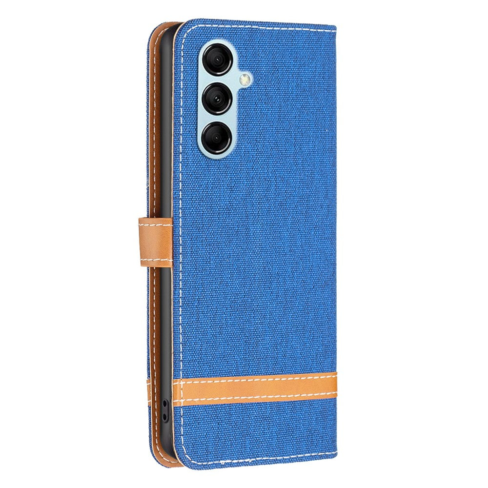 For Samsung Galaxy M14 5G PU Leather Phone Cover Jeans Cloth Splicing Phone Case with Stand Wallet - Sapphire