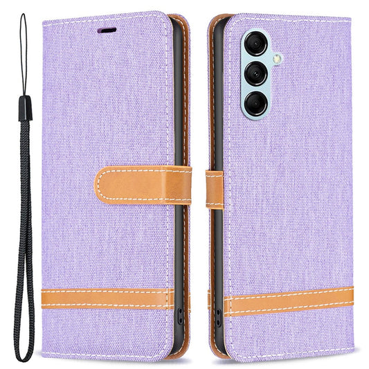 For Samsung Galaxy M14 5G PU Leather Phone Cover Jeans Cloth Splicing Phone Case with Stand Wallet - Purple
