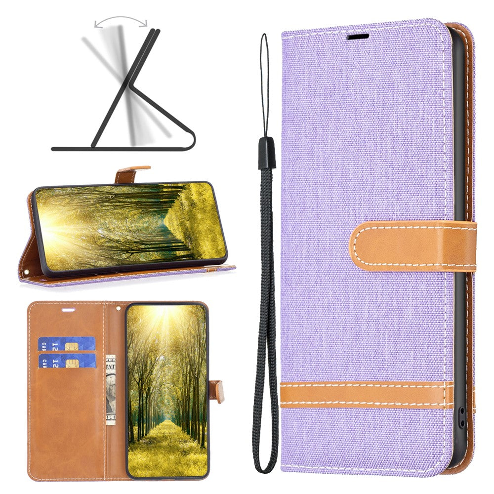 For Samsung Galaxy M14 5G PU Leather Phone Cover Jeans Cloth Splicing Phone Case with Stand Wallet - Purple