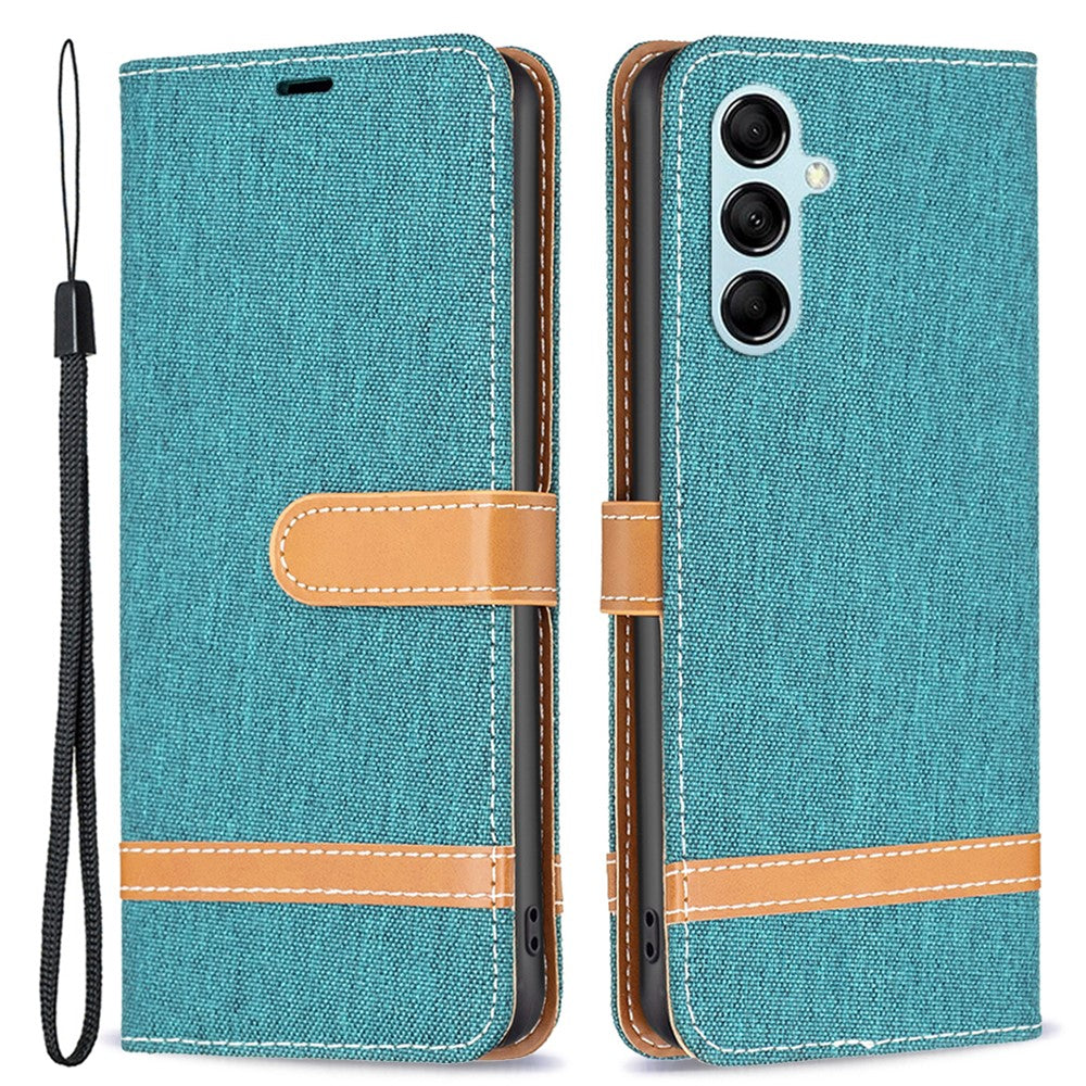 For Samsung Galaxy M14 5G PU Leather Phone Cover Jeans Cloth Splicing Phone Case with Stand Wallet - Green