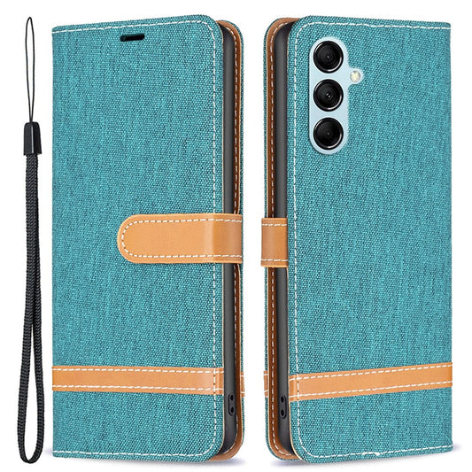 For Samsung Galaxy M14 5G PU Leather Phone Cover Jeans Cloth Splicing Phone Case with Stand Wallet - Green