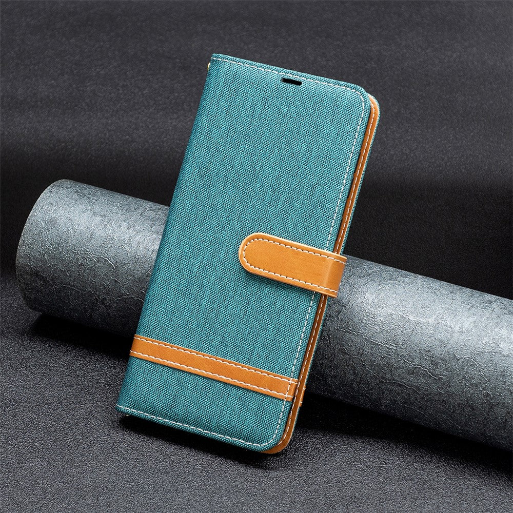 For Samsung Galaxy M14 5G PU Leather Phone Cover Jeans Cloth Splicing Phone Case with Stand Wallet - Green