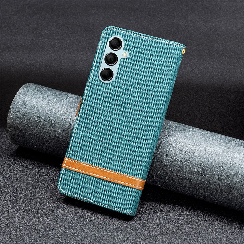 For Samsung Galaxy M14 5G PU Leather Phone Cover Jeans Cloth Splicing Phone Case with Stand Wallet - Green