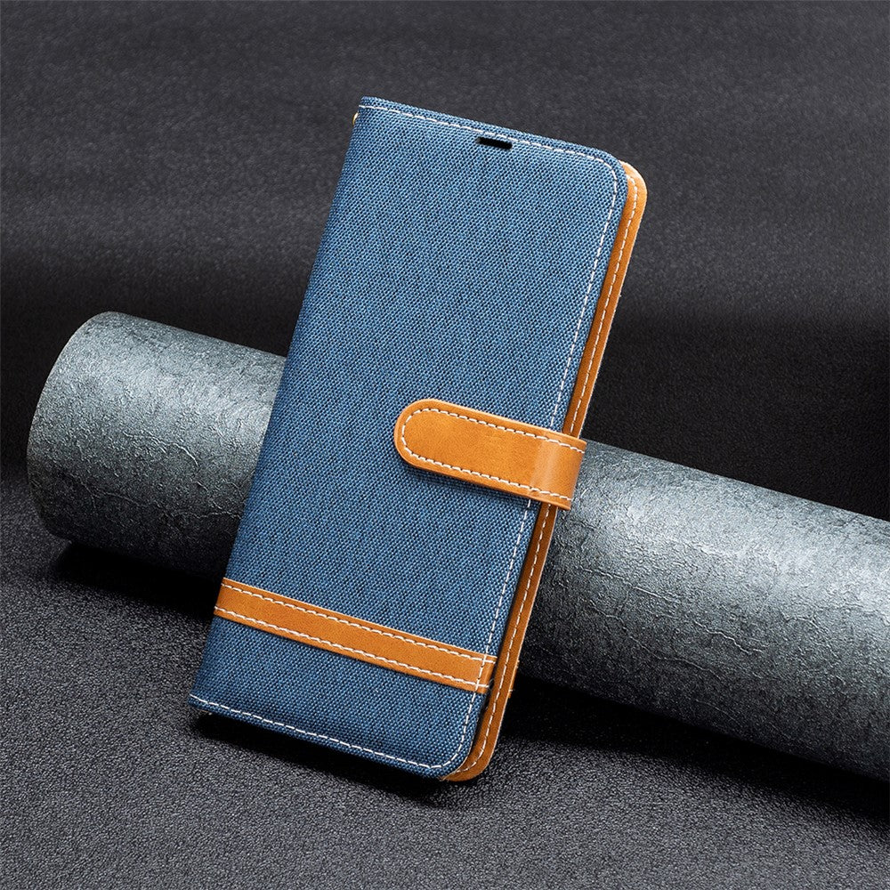 For Samsung Galaxy M14 5G PU Leather Phone Cover Jeans Cloth Splicing Phone Case with Stand Wallet - Navy Blue