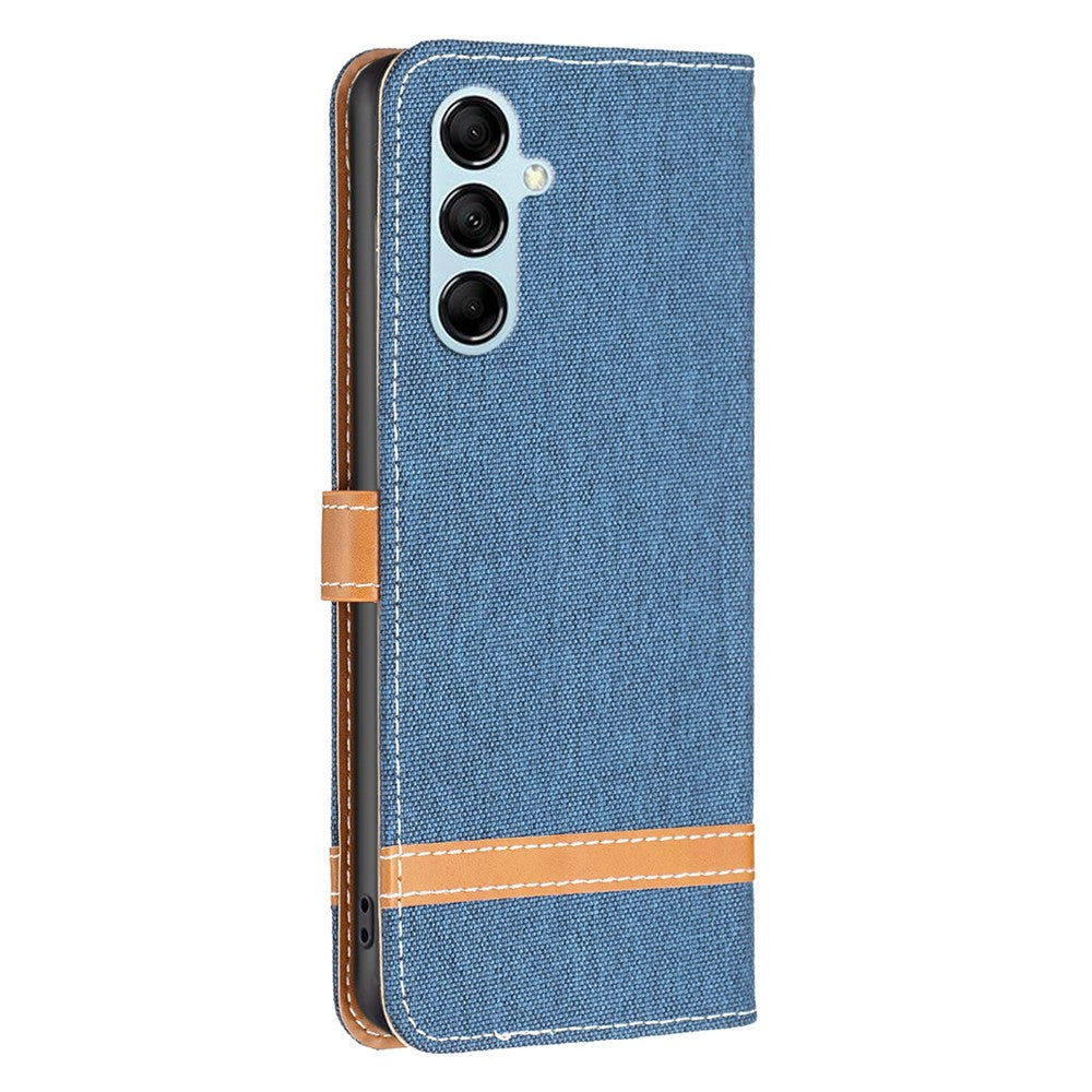 For Samsung Galaxy M14 5G PU Leather Phone Cover Jeans Cloth Splicing Phone Case with Stand Wallet - Navy Blue