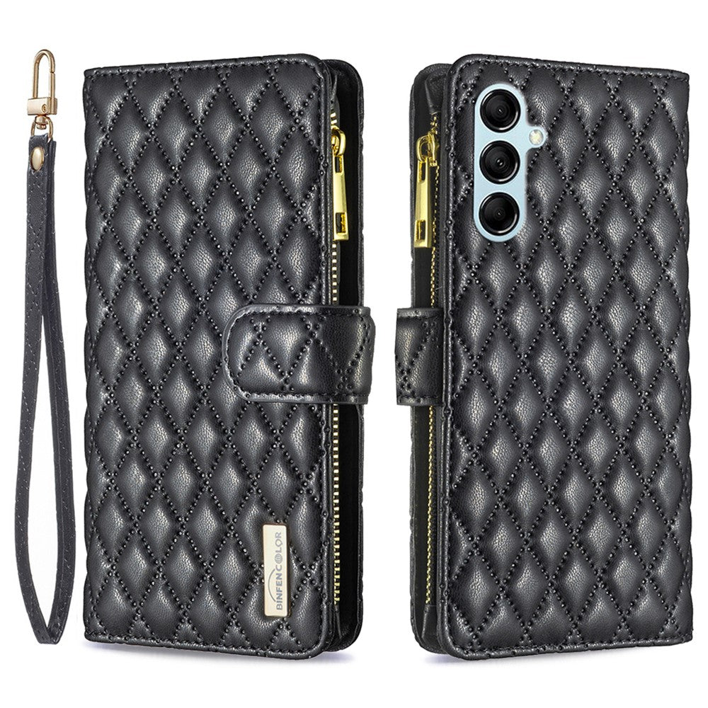 BINFEN COLOR BF Style-15 for Samsung Galaxy M14 5G Zipper Pocket PU Leather Wallet Case Phone Stand Cover - Black