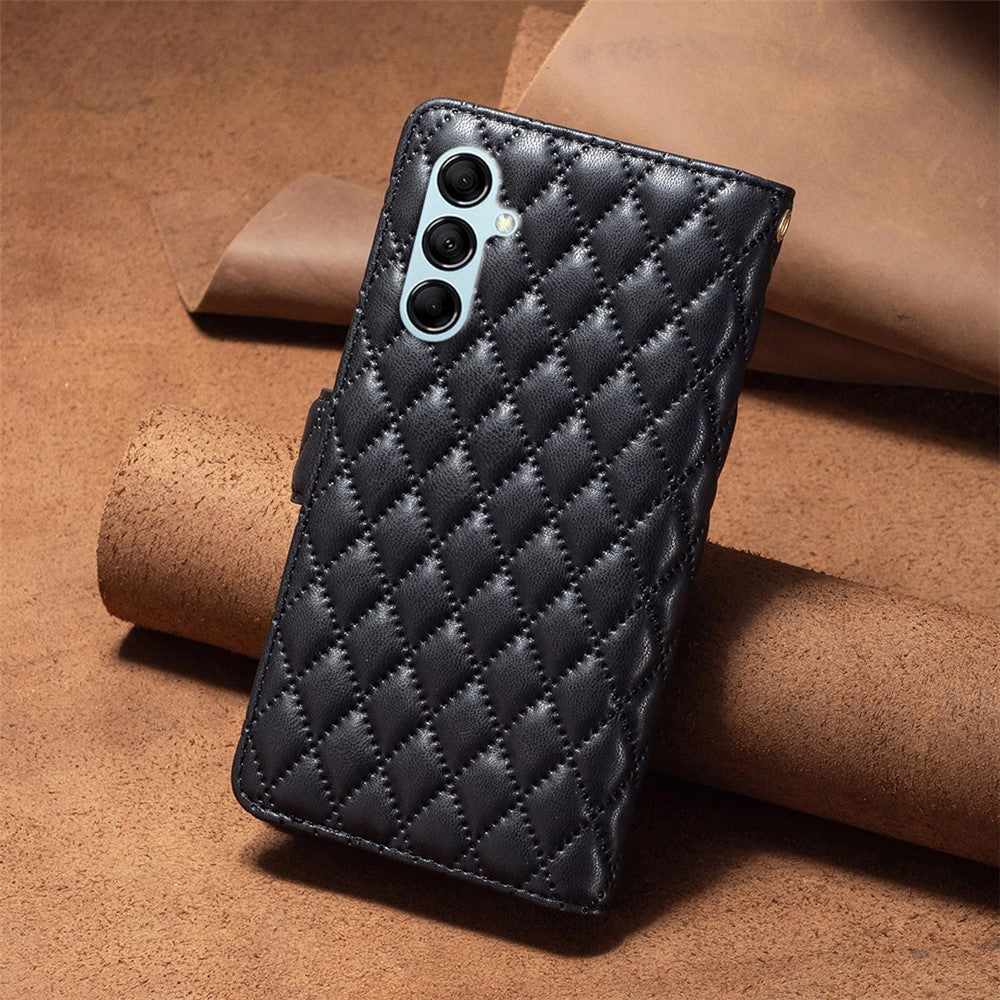 BINFEN COLOR BF Style-15 for Samsung Galaxy M14 5G Zipper Pocket PU Leather Wallet Case Phone Stand Cover - Black