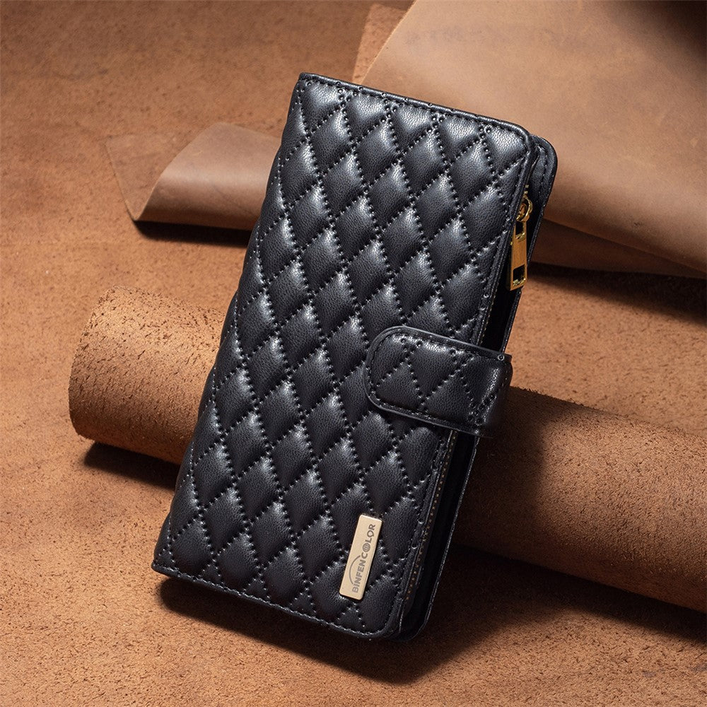 BINFEN COLOR BF Style-15 for Samsung Galaxy M14 5G Zipper Pocket PU Leather Wallet Case Phone Stand Cover - Black