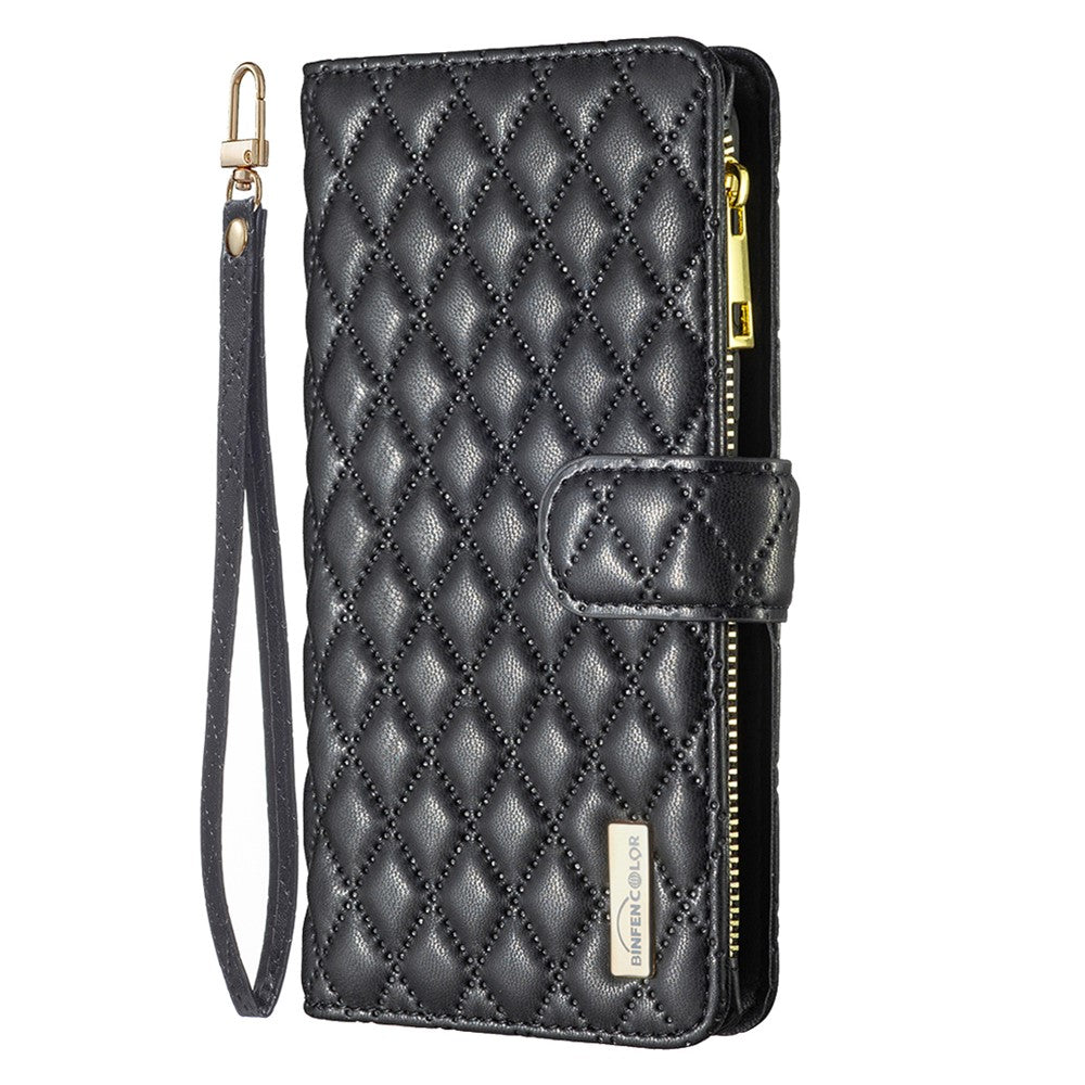 BINFEN COLOR BF Style-15 for Samsung Galaxy M14 5G Zipper Pocket PU Leather Wallet Case Phone Stand Cover - Black