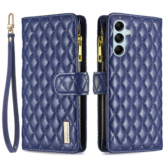 BINFEN COLOR BF Style-15 for Samsung Galaxy M14 5G Zipper Pocket PU Leather Wallet Case Phone Stand Cover - Blue