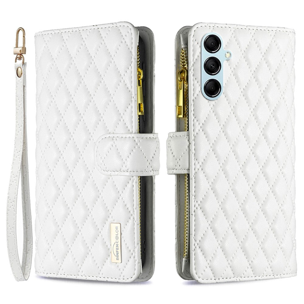 BINFEN COLOR BF Style-15 for Samsung Galaxy M14 5G Zipper Pocket PU Leather Wallet Case Phone Stand Cover - White