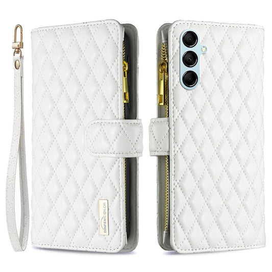 BINFEN COLOR BF Style-15 for Samsung Galaxy M14 5G Zipper Pocket PU Leather Wallet Case Phone Stand Cover - White