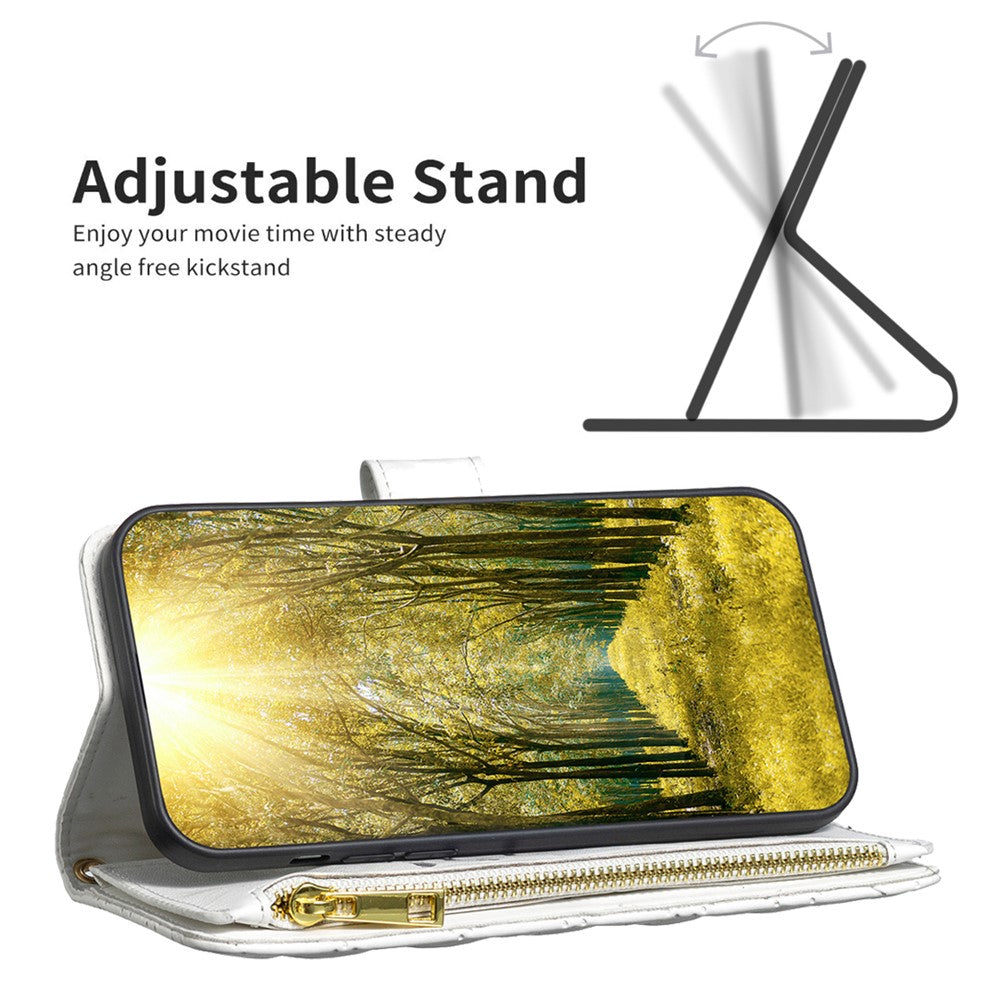 BINFEN COLOR BF Style-15 for Samsung Galaxy M14 5G Zipper Pocket PU Leather Wallet Case Phone Stand Cover - White